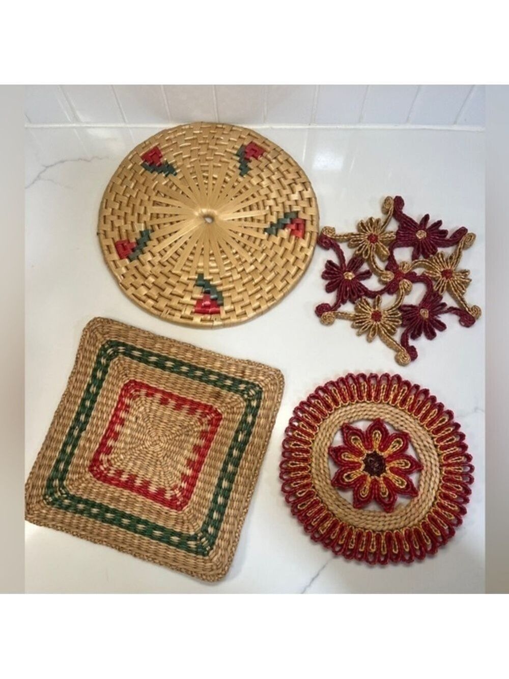 Vintage Boho Hot Pad Trivet Woven Rattan Raffia set of 4